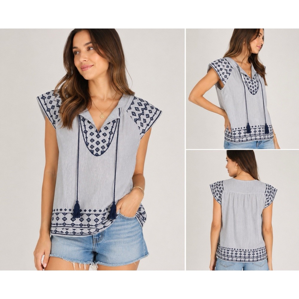 THML Womens Boho Embroidered Top Blue White Pinstripe Tassel Y2K Size Small